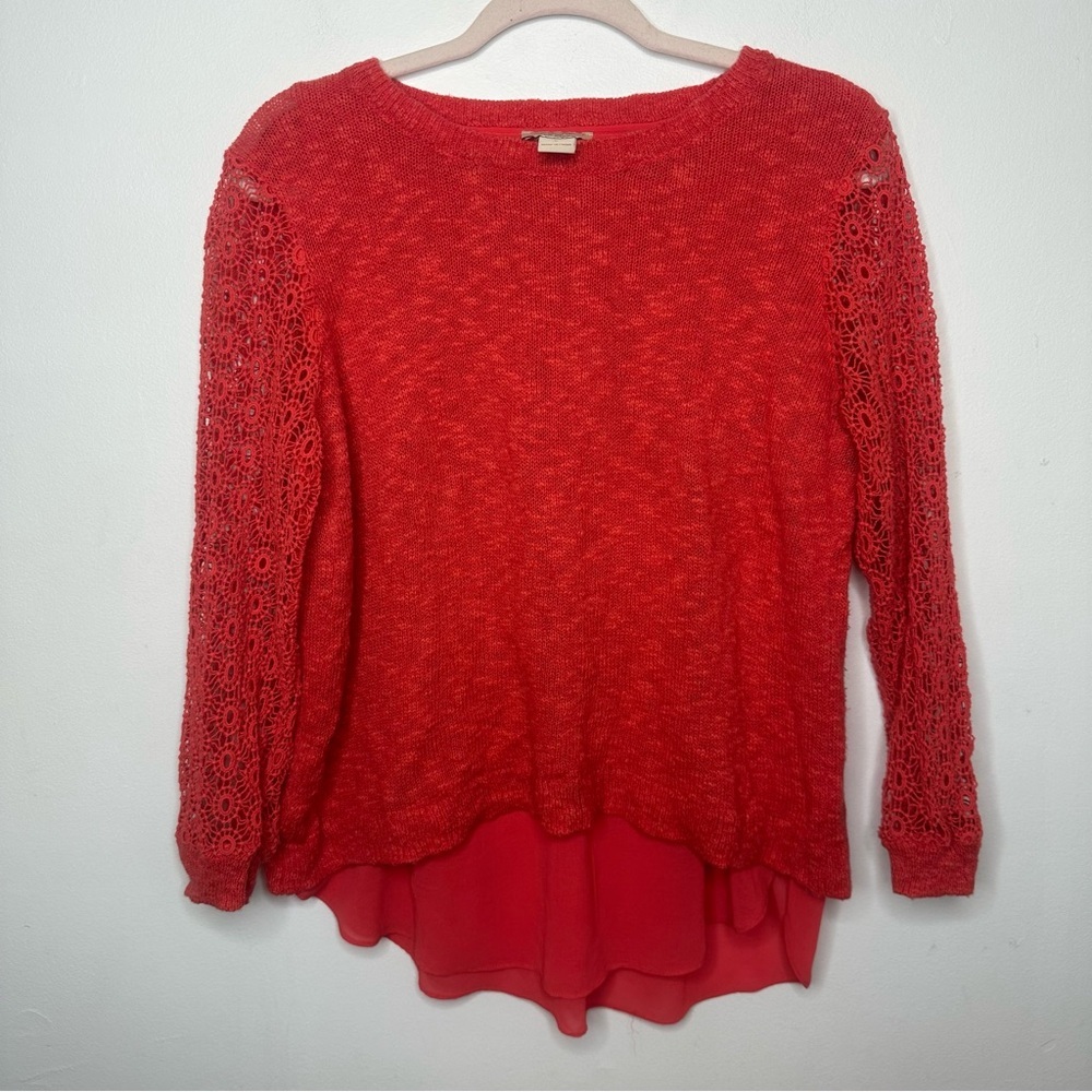 Lucky Brand Women's Red Linen Blend Lined Lace 3/4 Sleeve Sweater - Size Large L